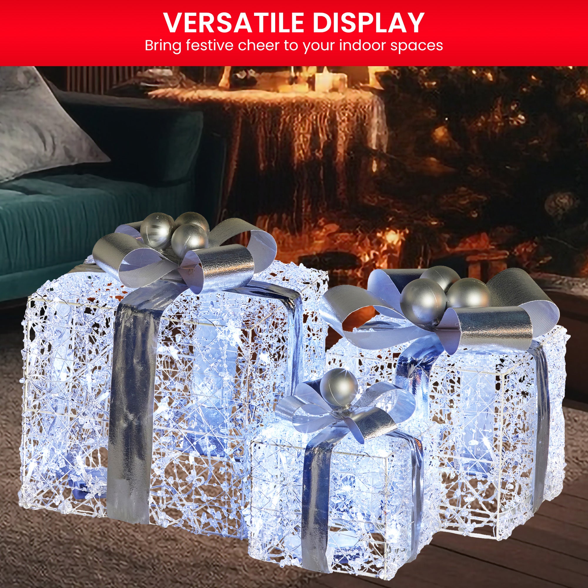 Christmas Decorations: Christabelle Swishmas Set Of 3 Christmas Gift Boxes With Lights With Jewelled Wire And Silver Bows