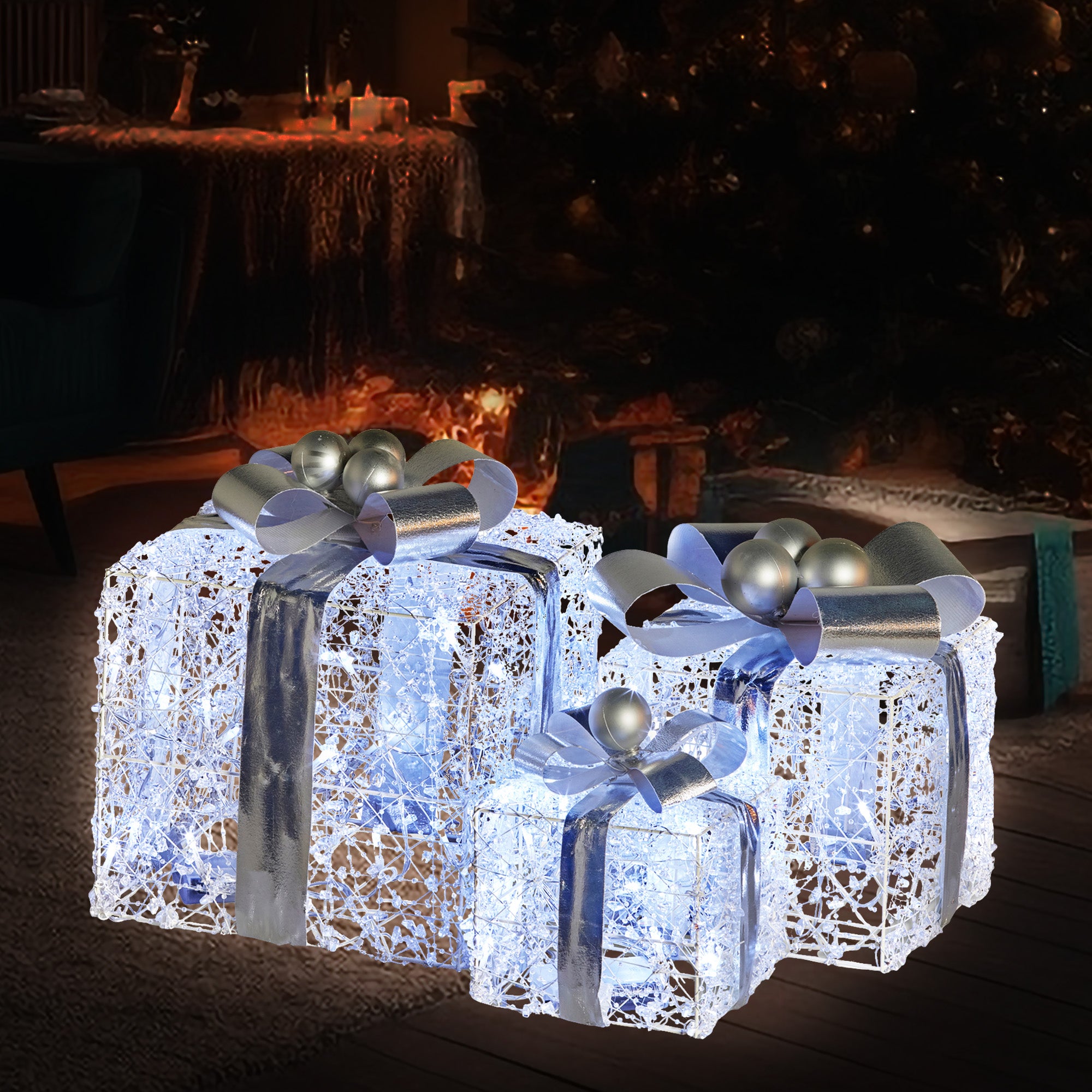 Christmas Decorations: Christabelle Swishmas Set Of 3 Christmas Gift Boxes With Lights With Jewelled Wire And Silver Bows