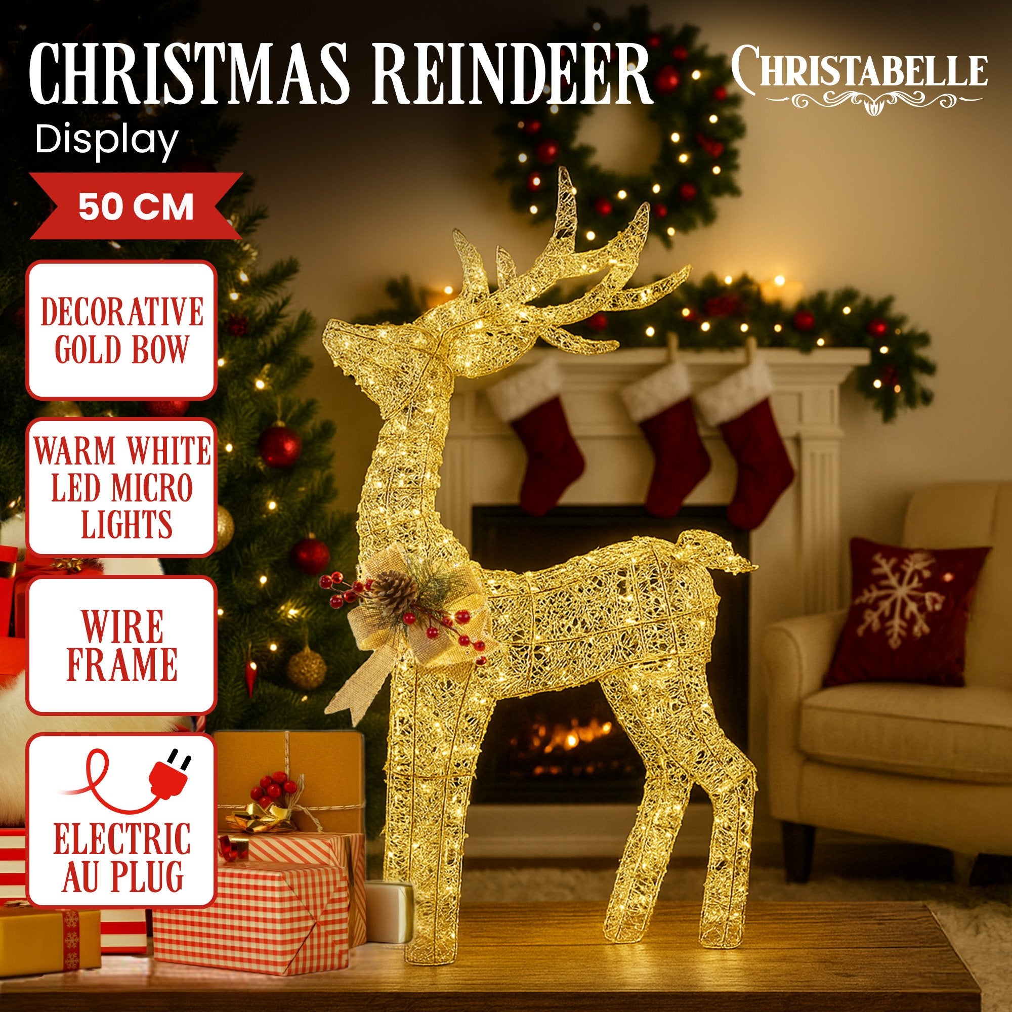 Outdoor Decorations & Lights: Christabelle Light Up Christmas Reindeer Display Indoor & Outdoor Decoration Warm White LED Lights Gold Bow Wire Frame