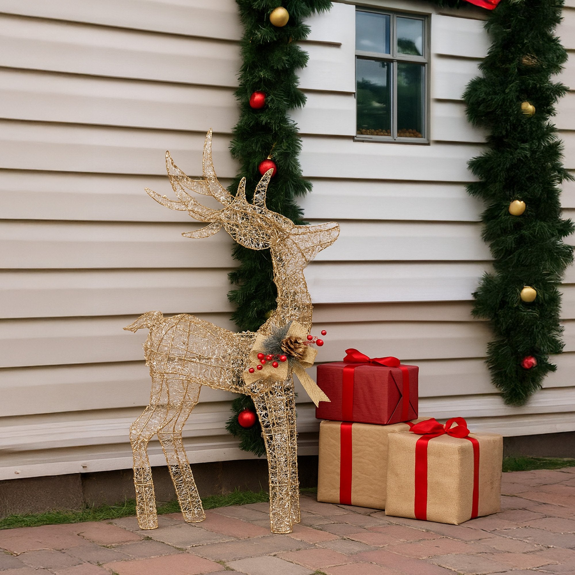 Outdoor Decorations & Lights: Christabelle Light Up Christmas Reindeer Display Indoor & Outdoor Decoration Warm White LED Lights Gold Bow Wire Frame