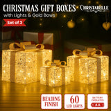 Outdoor Decorations & Lights: Christabelle Set of 3 Battery Operated Golden Christmas Gift Boxes w/Warm White LED Lights Indoor Decorative Holiday