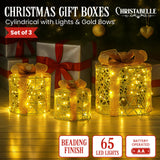 Outdoor Decorations & Lights: Christabelle Set of 3 Christmas Gift Box Display Gold with LED Lights and Bows Decoration Ornament Present