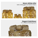 Outdoor Decorations & Lights: Christabelle Set of 3 Christmas Gift Box Display Gold with LED Lights and Bows Decoration Ornament Present