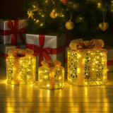 Outdoor Decorations & Lights: Christabelle Set of 3 Christmas Gift Box Display Gold with LED Lights and Bows Decoration Ornament Present