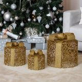 Outdoor Decorations & Lights: Christabelle Set of 3 Christmas Gift Box Display Gold with LED Lights and Bows Decoration Ornament Present