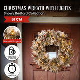 Christmas Trees: Christabelle 61cm Snowy Christmas Wreath Bedford with LED Lights Front Door Decoration Ornament