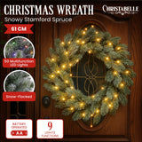 Christmas Wreaths & Garlands: Christabelle 61cm Christmas Wreath Snowy Stamford Spruce with Coloured LED Lights Front Door Decoration Ornament