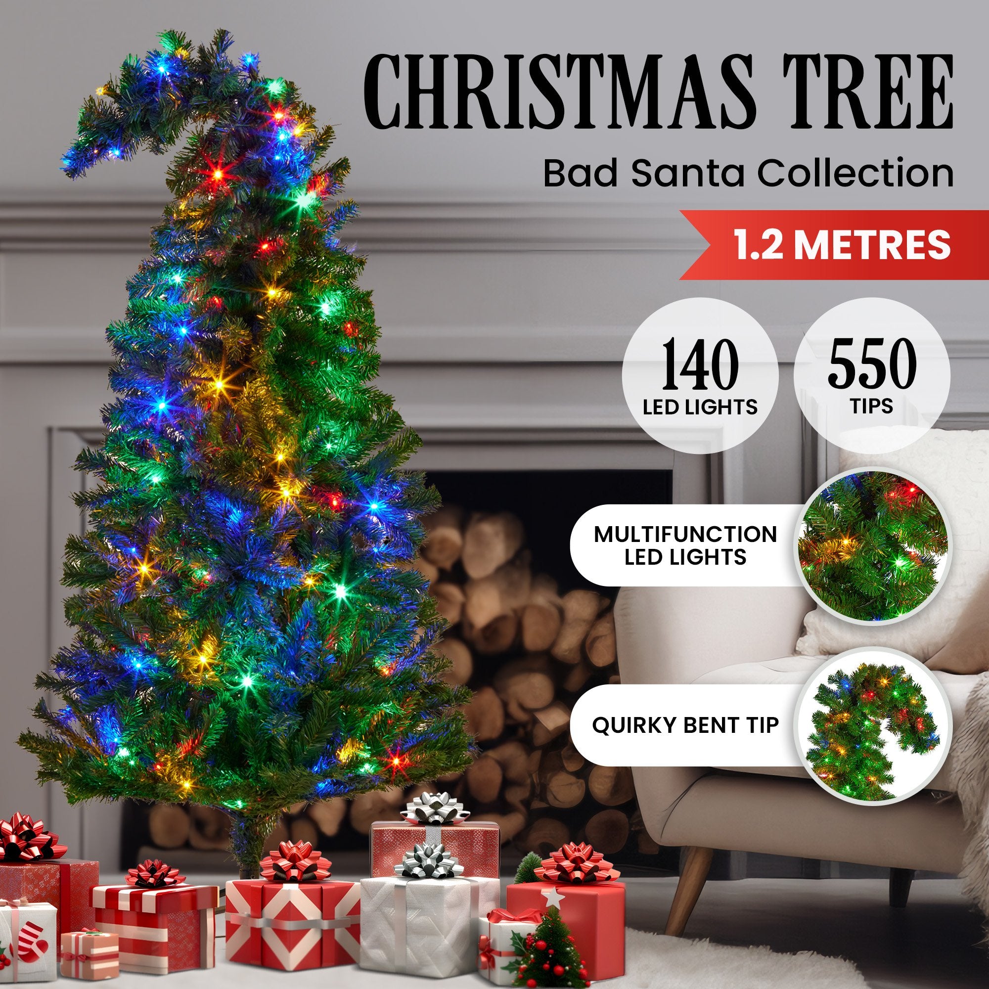 Christmas Trees: Christabelle Bad Santa 1.2m Curved Multicolour Pre-Lit Christmas Tree with 550 Tips