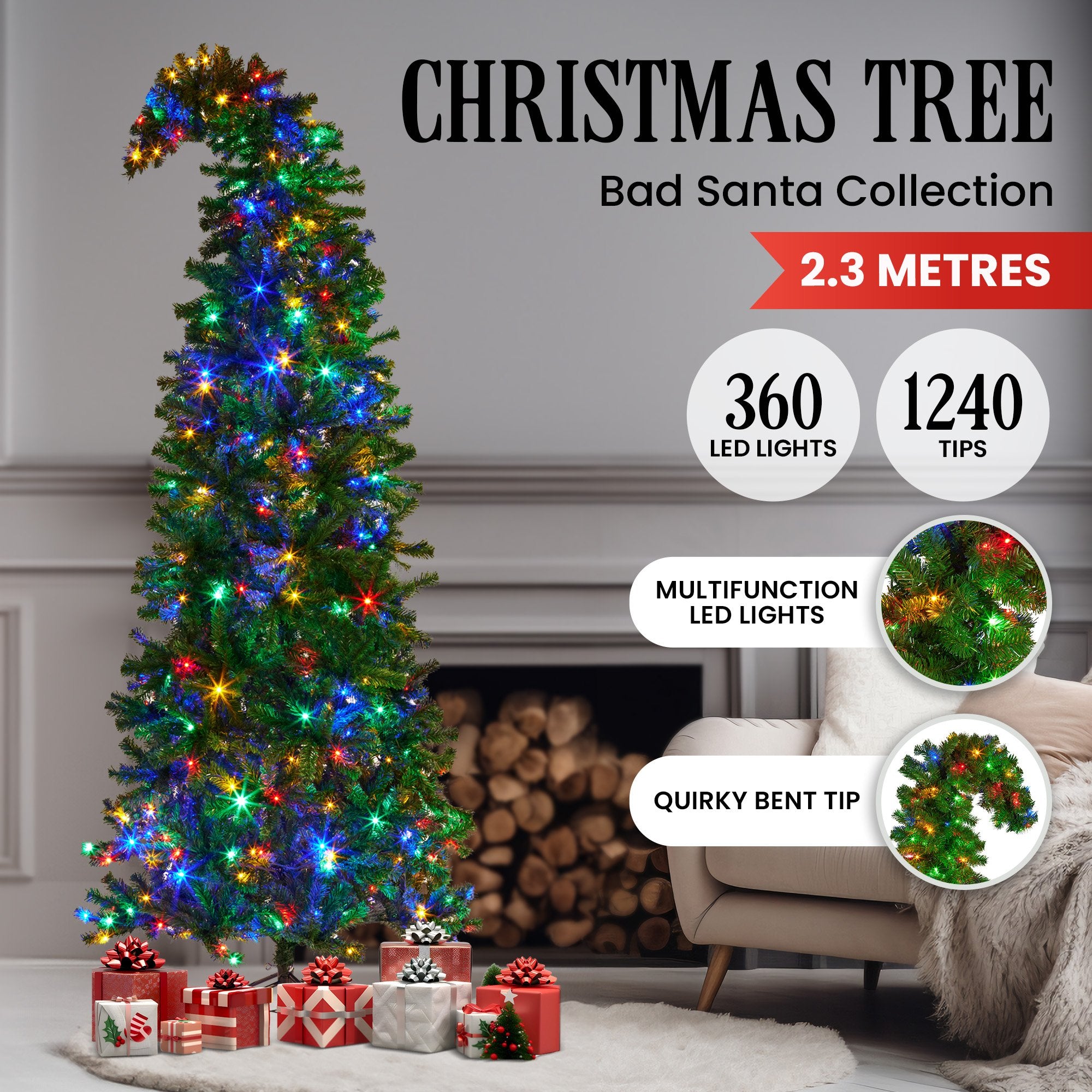 Christmas Trees: Christabelle Bad Santa 2.3m Curved Multicolour Pre-Lit Christmas Tree with 1240 Tips