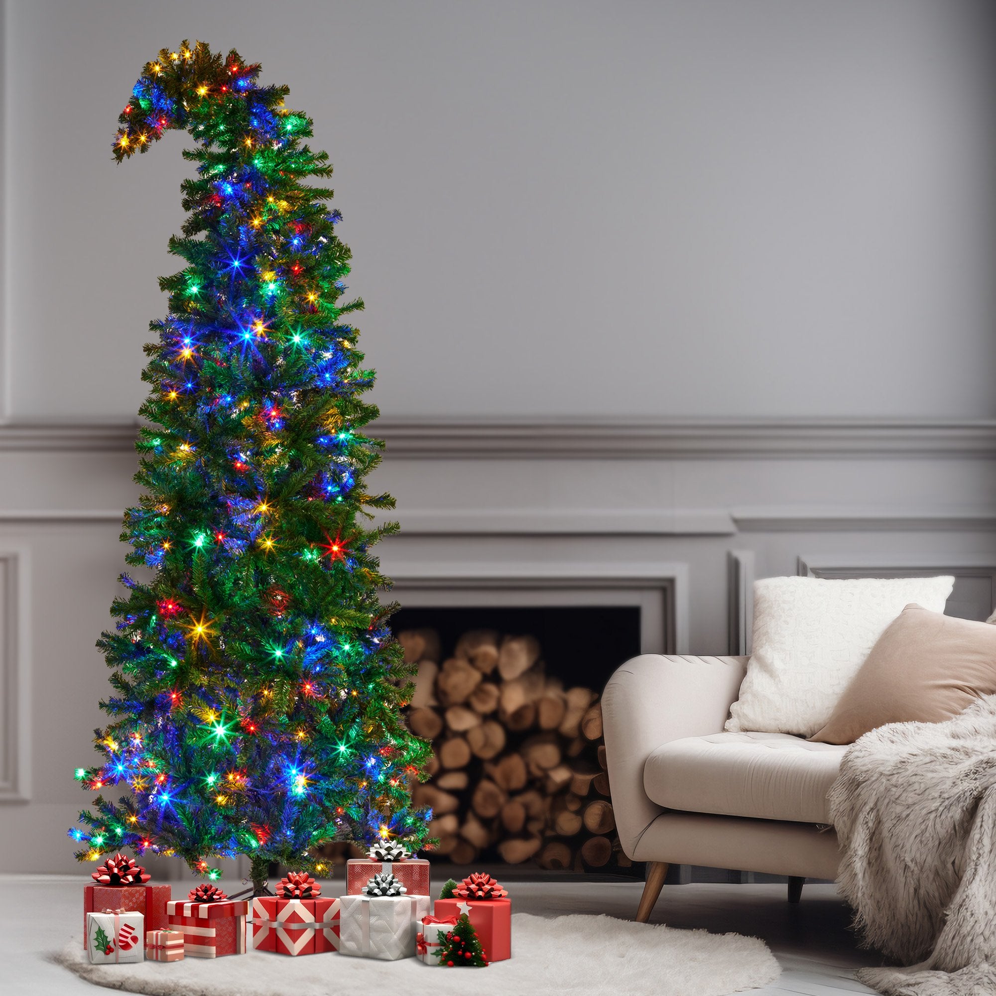 Christmas Trees: Christabelle Bad Santa 2.3m Curved Multicolour Pre-Lit Christmas Tree with 1240 Tips