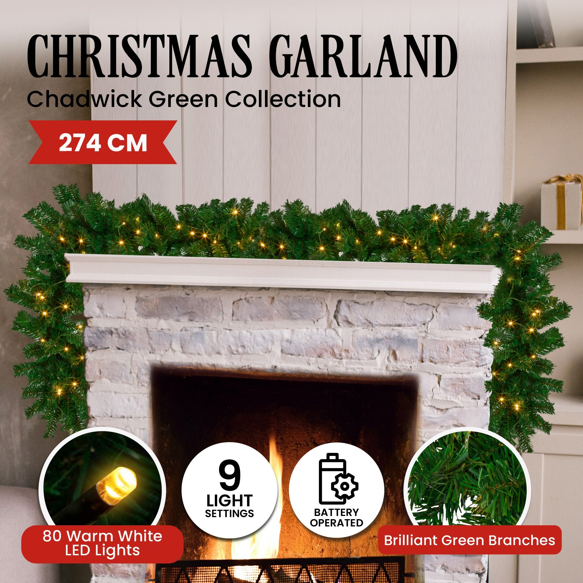 Christmas Trees: Christabelle 2.7m Christmas Garland with LED Lights Chadwick Tree Decoration Ornament