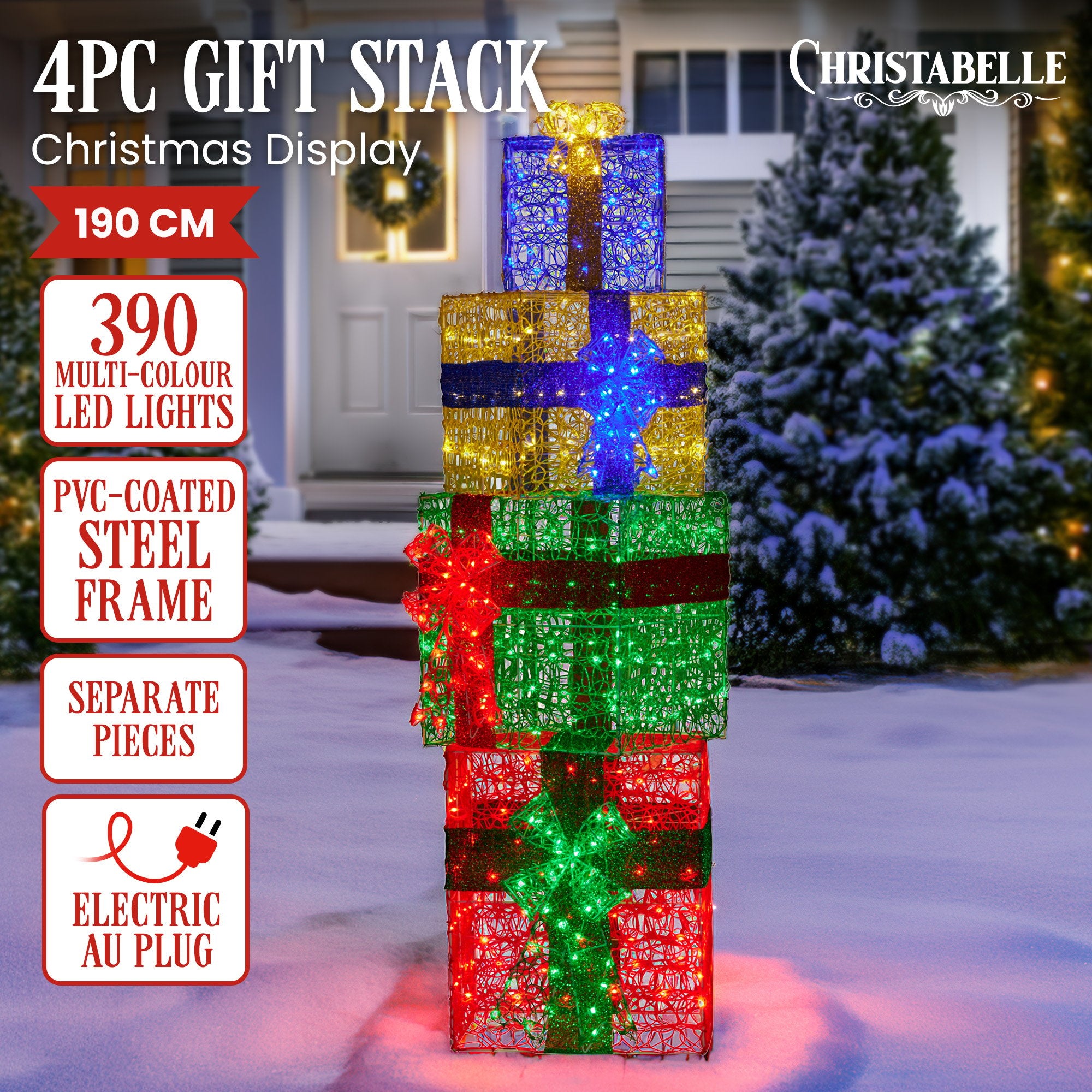 Christmas Decorations: Christabelle 190cm 4-piece Gift Stack Box Christmas Decor Bows Led Lights Xmas