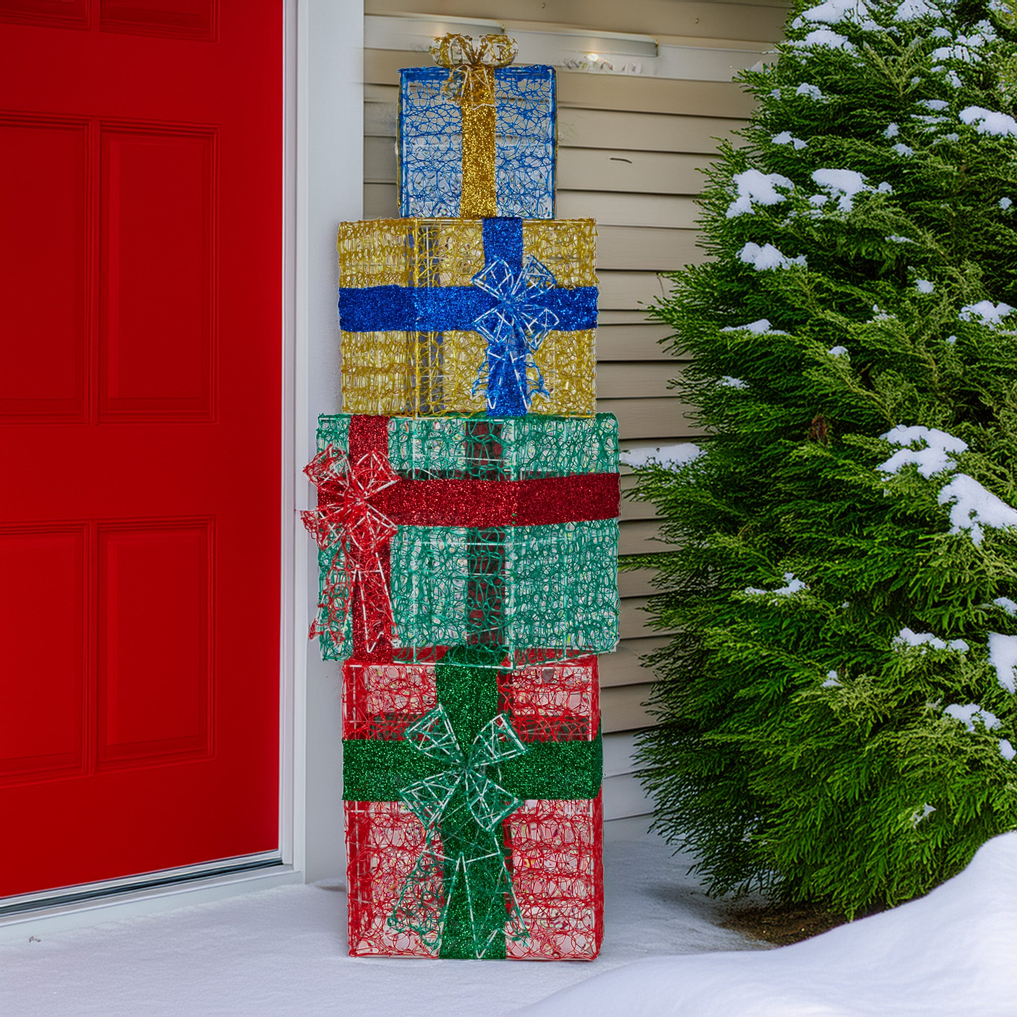 Christmas Decorations: Christabelle 190cm 4-piece Gift Stack Box Christmas Decor Bows Led Lights Xmas