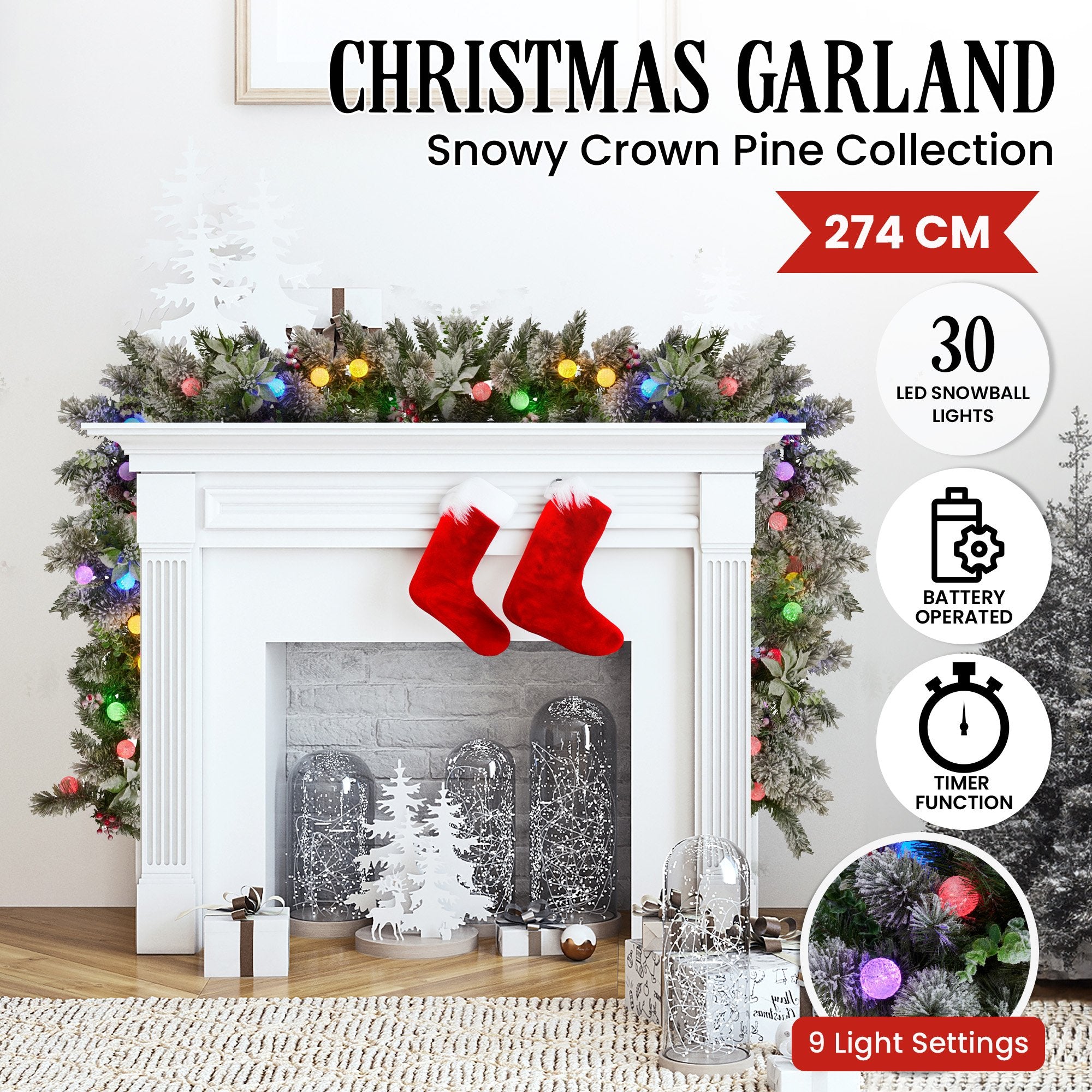 Christmas Wreaths & Garlands: Swishmas 274cm Snowy Crown Pine Pre-Lit Multicolour Christmas Garland