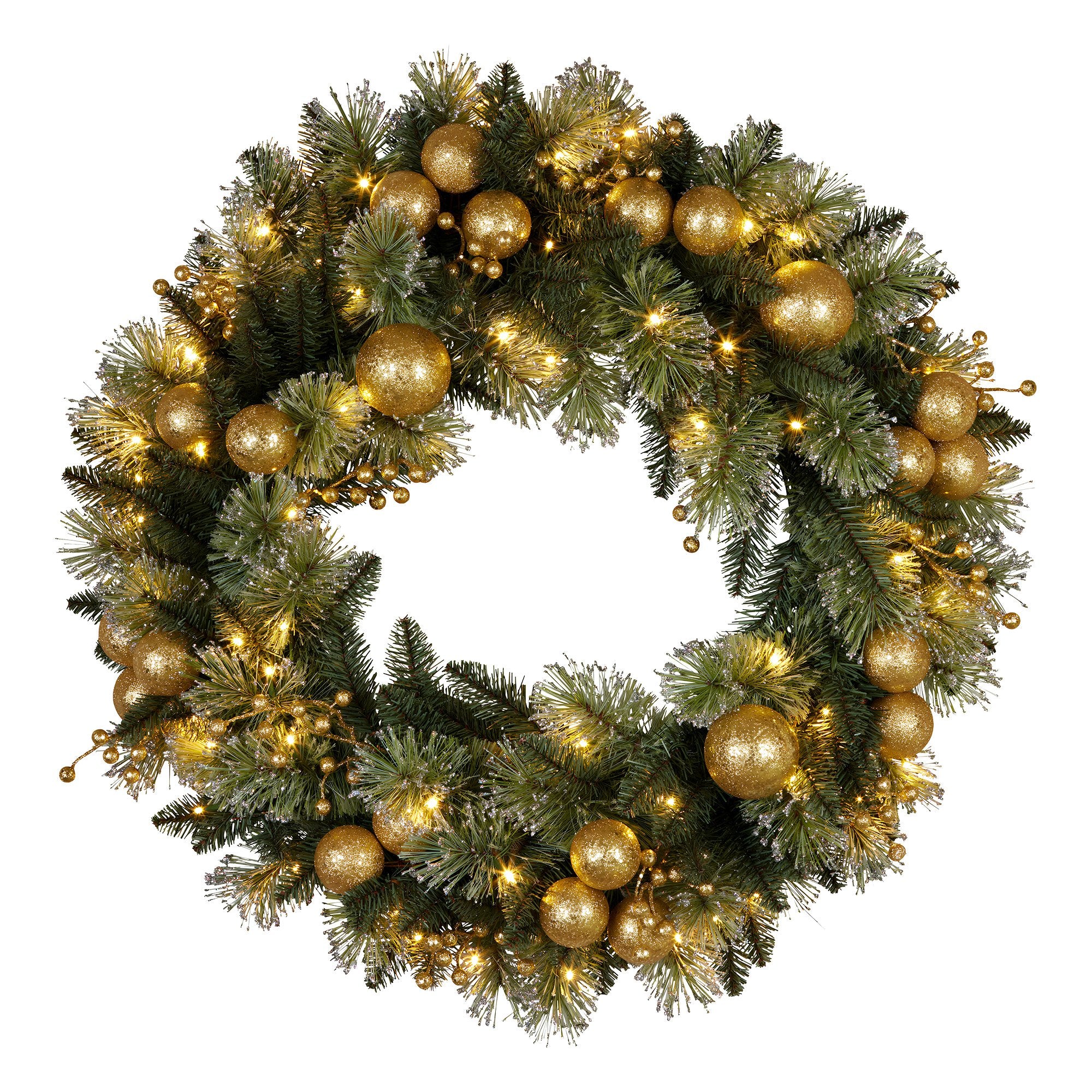 Christmas Wreaths & Garlands: Christabelle 61cm Christmas Wreath Glittery Tipped with LED Lights and Golden Baubles Front Door Decoration Ornament