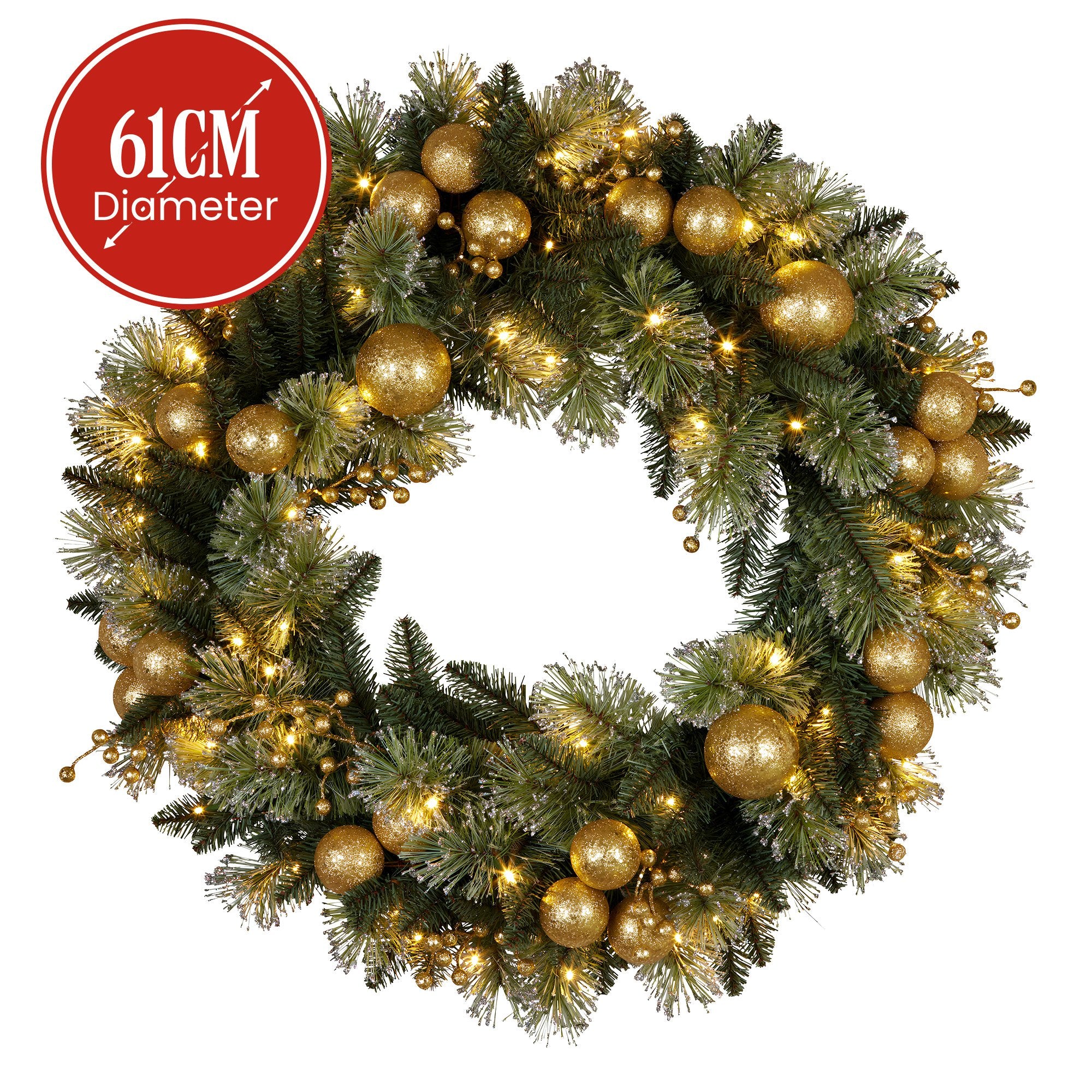 Christmas Wreaths & Garlands: Christabelle 61cm Christmas Wreath Glittery Tipped with LED Lights and Golden Baubles Front Door Decoration Ornament