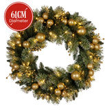 Christmas Wreaths & Garlands: Christabelle 61cm Christmas Wreath Glittery Tipped with LED Lights and Golden Baubles Front Door Decoration Ornament