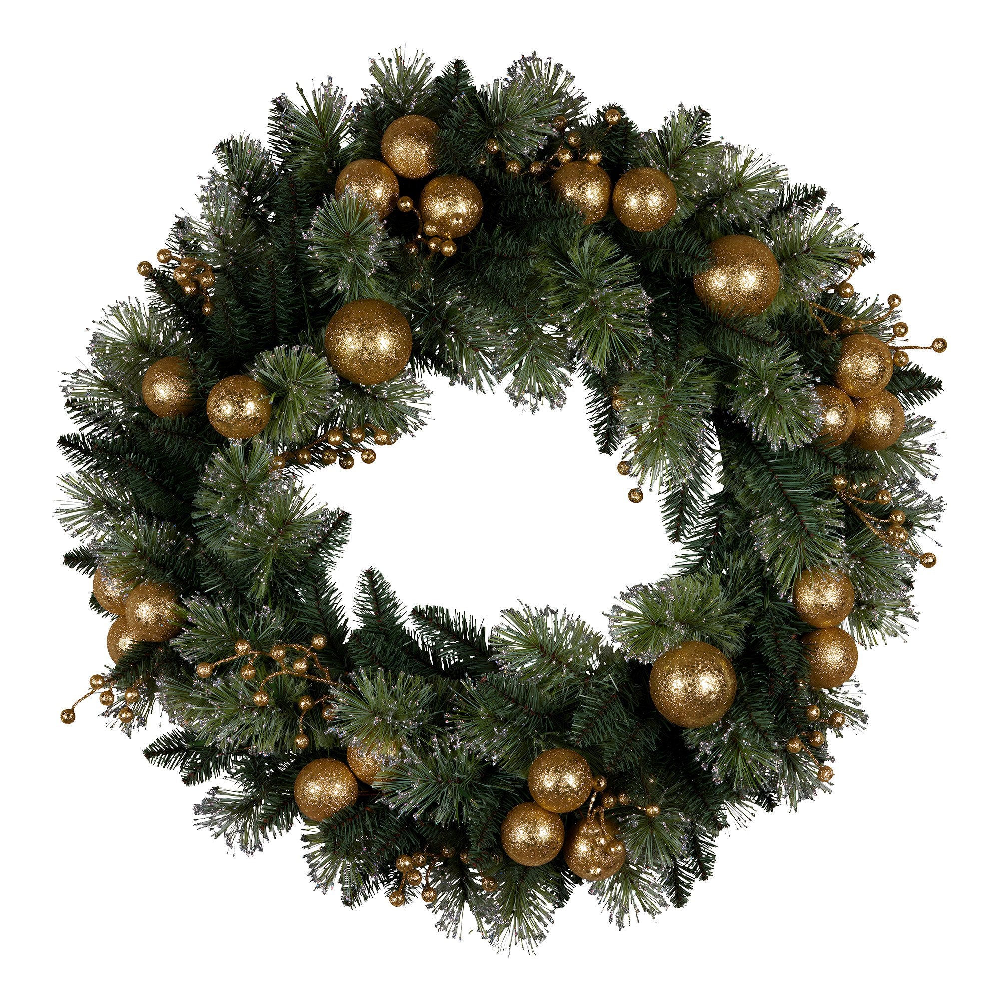 Christmas Wreaths & Garlands: Christabelle 61cm Christmas Wreath Glittery Tipped with LED Lights and Golden Baubles Front Door Decoration Ornament