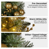 Christmas Wreaths & Garlands: Christabelle 61cm Christmas Wreath Glittery Tipped with LED Lights and Golden Baubles Front Door Decoration Ornament