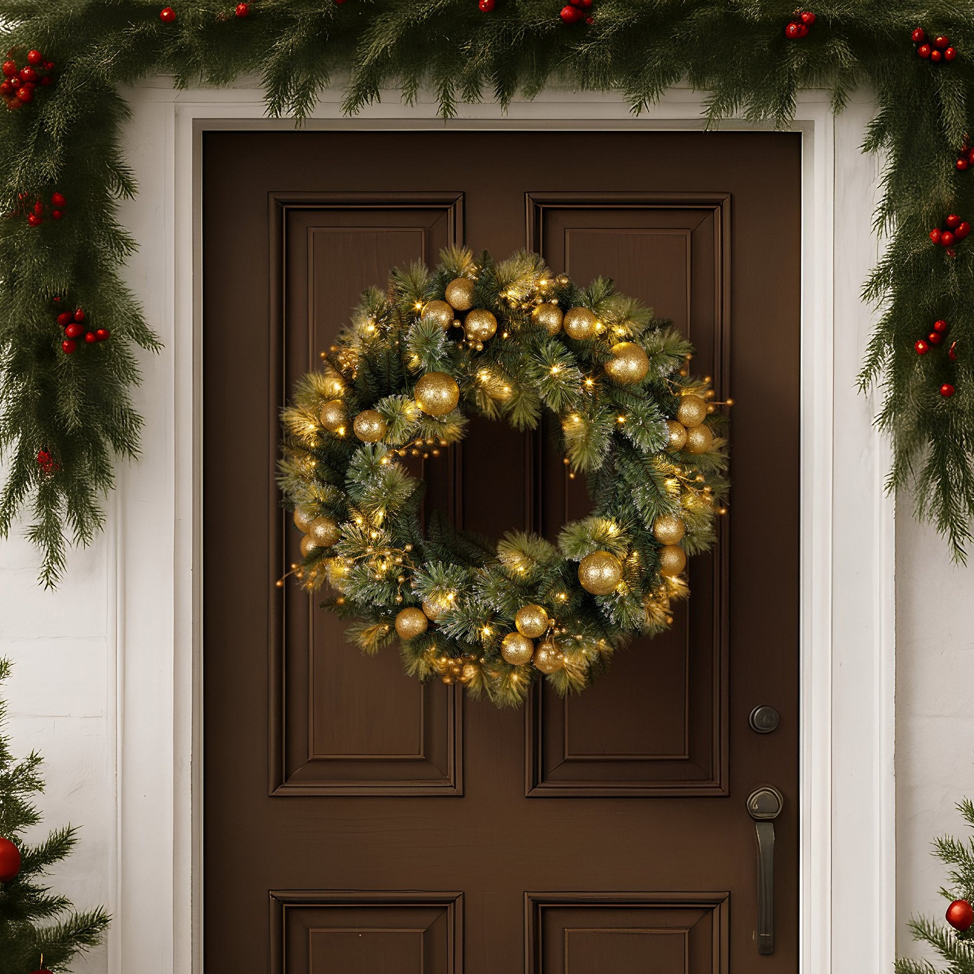 Christmas Wreaths & Garlands: Christabelle 61cm Christmas Wreath Glittery Tipped with LED Lights and Golden Baubles Front Door Decoration Ornament