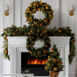 Christmas Wreaths & Garlands: Christabelle 61cm Christmas Wreath Glittery Tipped with LED Lights and Golden Baubles Front Door Decoration Ornament
