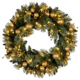 Christmas Wreaths & Garlands: Christabelle 76cm Christmas Wreath Glittery Tipped with LED Lights and Golden Baubles Front Door Decoration Ornament