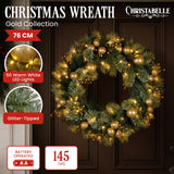 Christmas Wreaths & Garlands: Christabelle 76cm Christmas Wreath Glittery Tipped with LED Lights and Golden Baubles Front Door Decoration Ornament