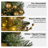 Christmas Wreaths & Garlands: Christabelle 76cm Christmas Wreath Glittery Tipped with LED Lights and Golden Baubles Front Door Decoration Ornament