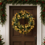 Christmas Wreaths & Garlands: Christabelle 76cm Christmas Wreath Glittery Tipped with LED Lights and Golden Baubles Front Door Decoration Ornament