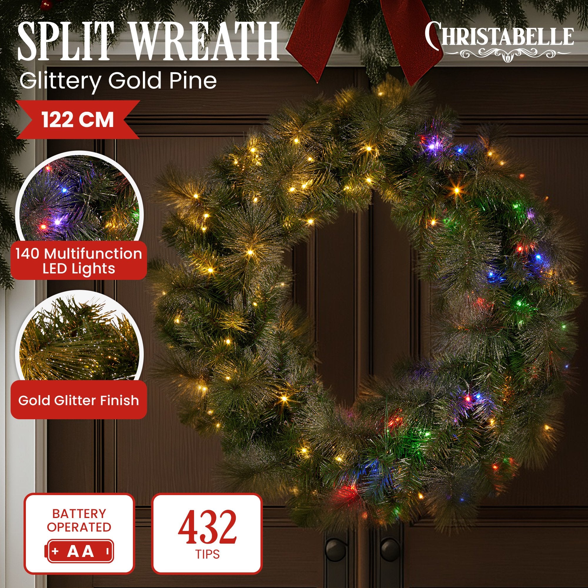 Christmas Wreaths & Garlands: Christabelle 1.22m Split 2pc Christmas Wreath with LED Lights Pine Dual Front Doors Decoration Ornament