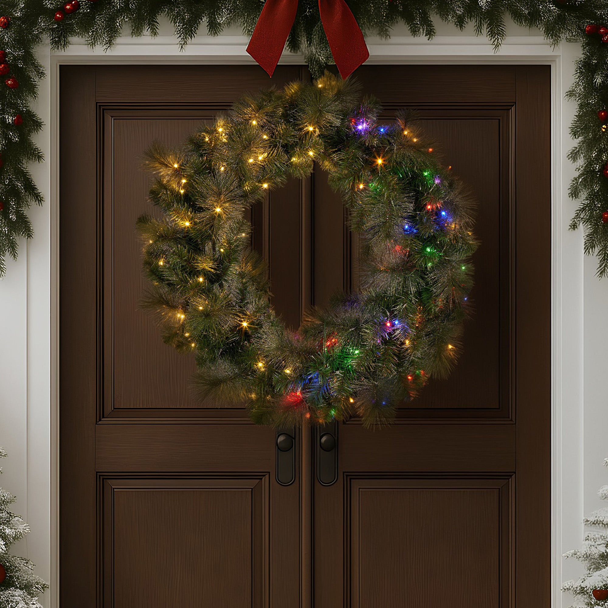 Christmas Wreaths & Garlands: Christabelle 1.22m Split 2pc Christmas Wreath with LED Lights Pine Dual Front Doors Decoration Ornament