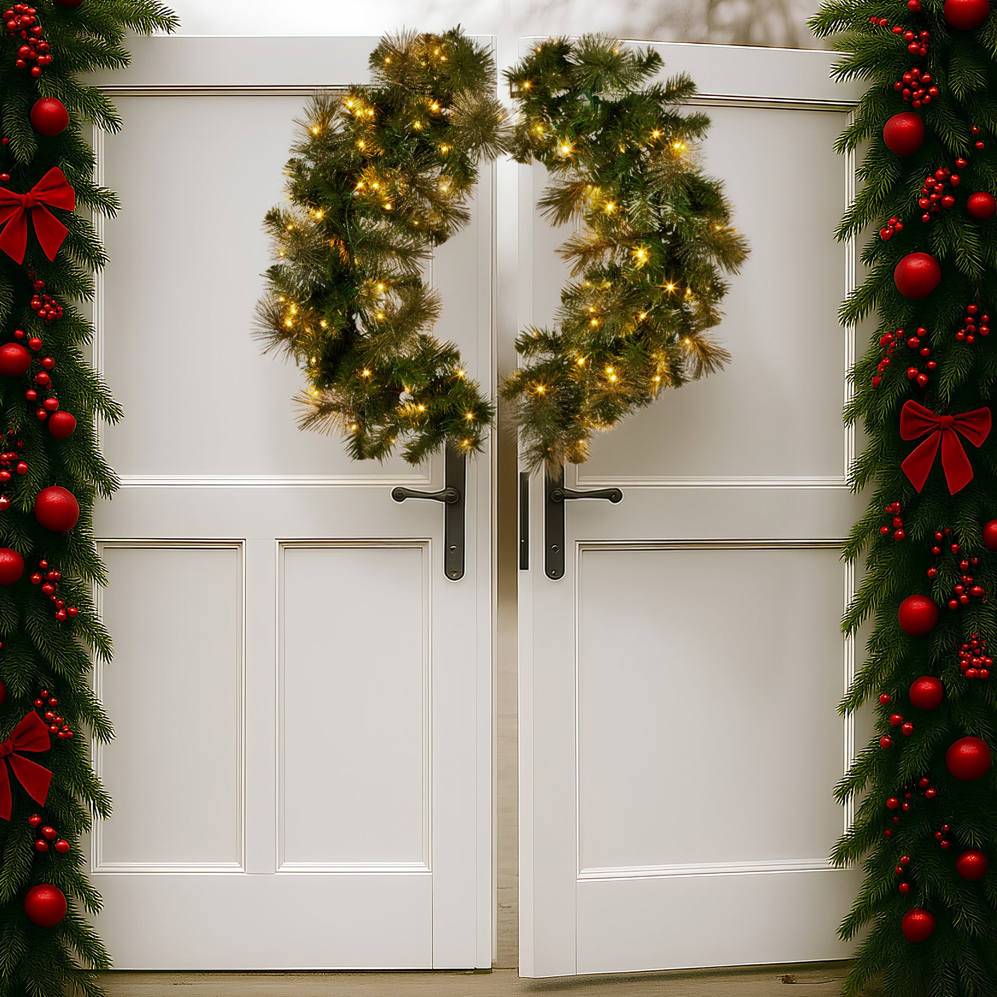 Christmas Wreaths & Garlands: Christabelle 1.22m Split 2pc Christmas Wreath with LED Lights Pine Dual Front Doors Decoration Ornament