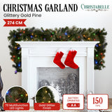 Christmas Wreaths & Garlands: Christabelle 2.7m Christmas Garland with LED Lights Glittery Gold Pine Mantle Decoration Ornament