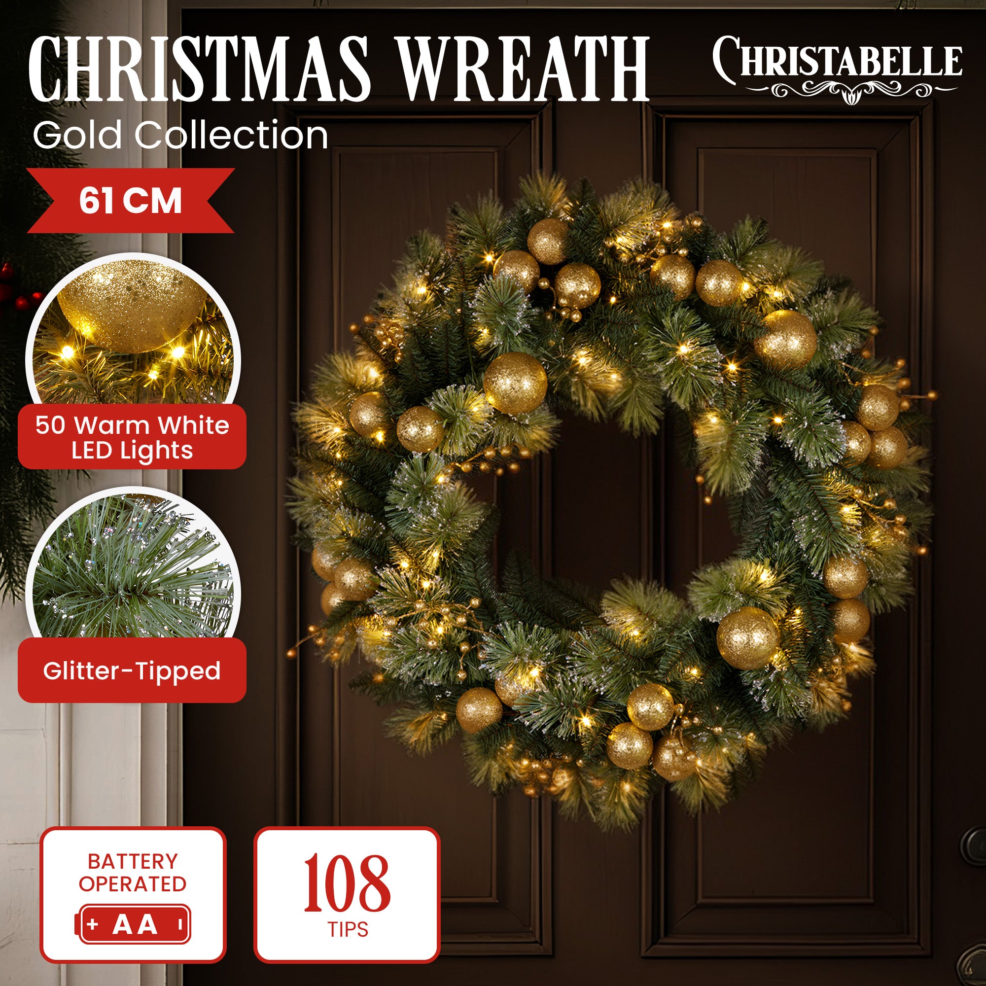 Christmas Wreaths & Garlands: Christabelle 61cm Christmas Wreath with LED Lights Glittery Gold Pine re-Lit Front Door Decoration Ornament