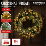 Christmas Wreaths & Garlands: Christabelle 61cm Christmas Wreath with LED Lights Glittery Gold Pine re-Lit Front Door Decoration Ornament