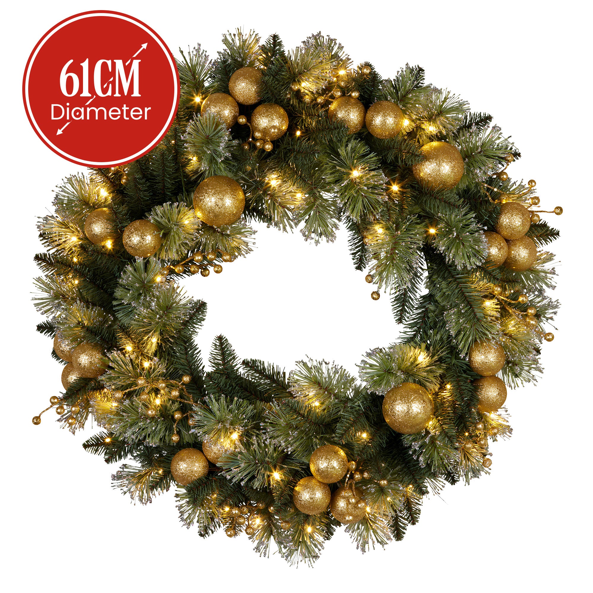Christmas Wreaths & Garlands: Christabelle 61cm Christmas Wreath with LED Lights Glittery Gold Pine re-Lit Front Door Decoration Ornament