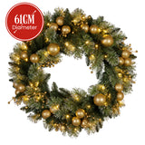 Christmas Wreaths & Garlands: Christabelle 61cm Christmas Wreath with LED Lights Glittery Gold Pine re-Lit Front Door Decoration Ornament