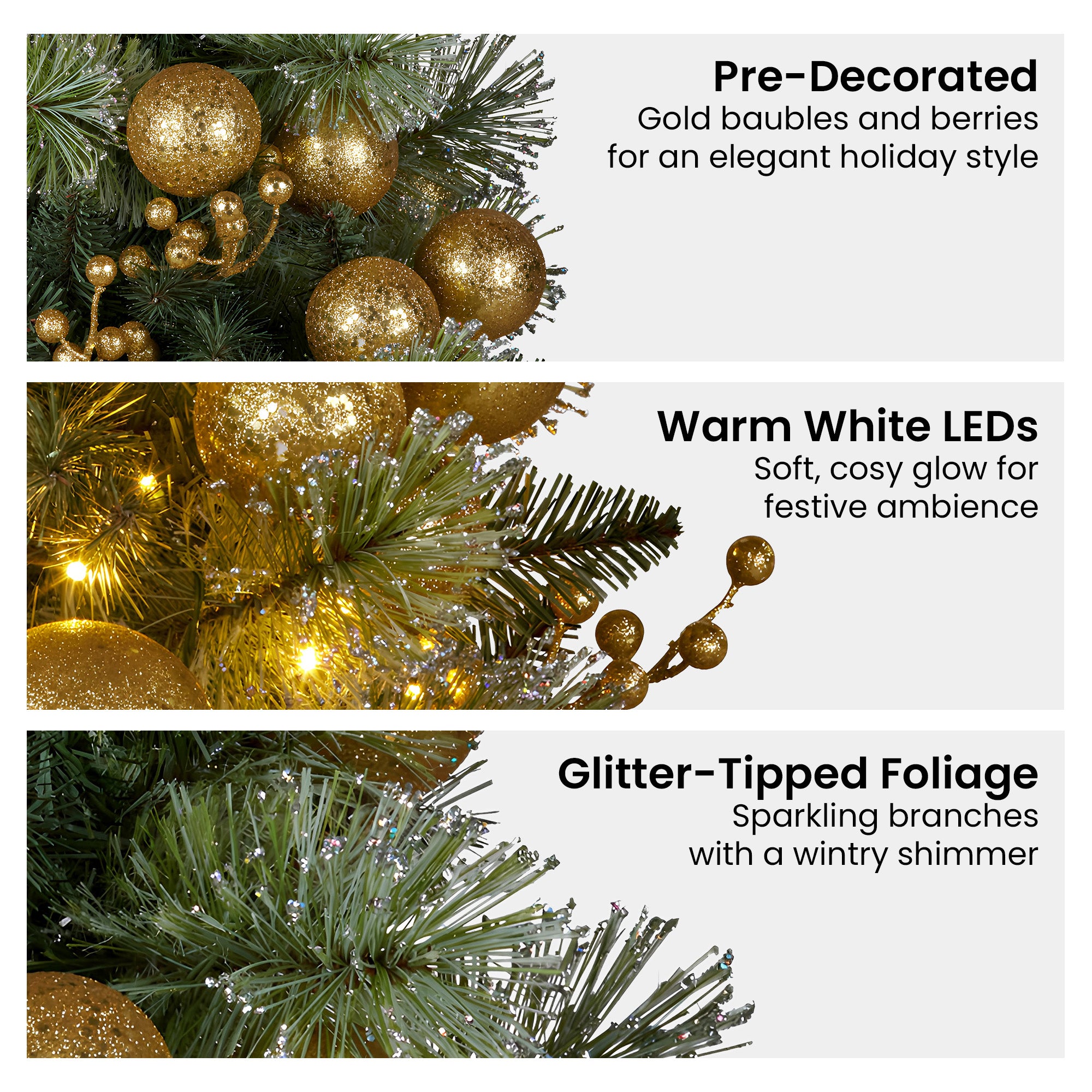 Christmas Wreaths & Garlands: Christabelle 61cm Christmas Wreath with LED Lights Glittery Gold Pine re-Lit Front Door Decoration Ornament