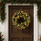 Christmas Wreaths & Garlands: Christabelle 61cm Christmas Wreath with LED Lights Glittery Gold Pine re-Lit Front Door Decoration Ornament