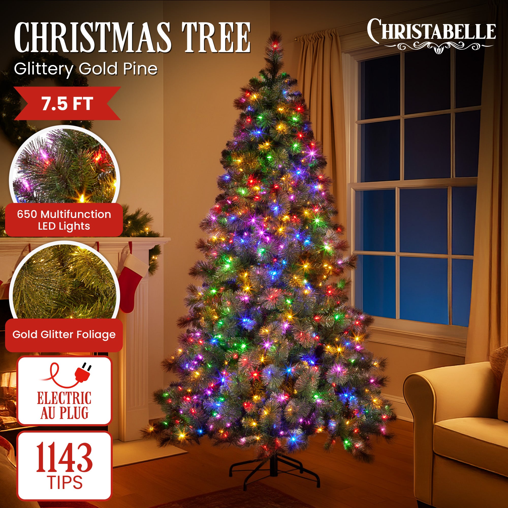 Christmas Trees: Christabelle 7.5ft Christmas Tree Glittery Gold Pine Led Multi-functional Lights