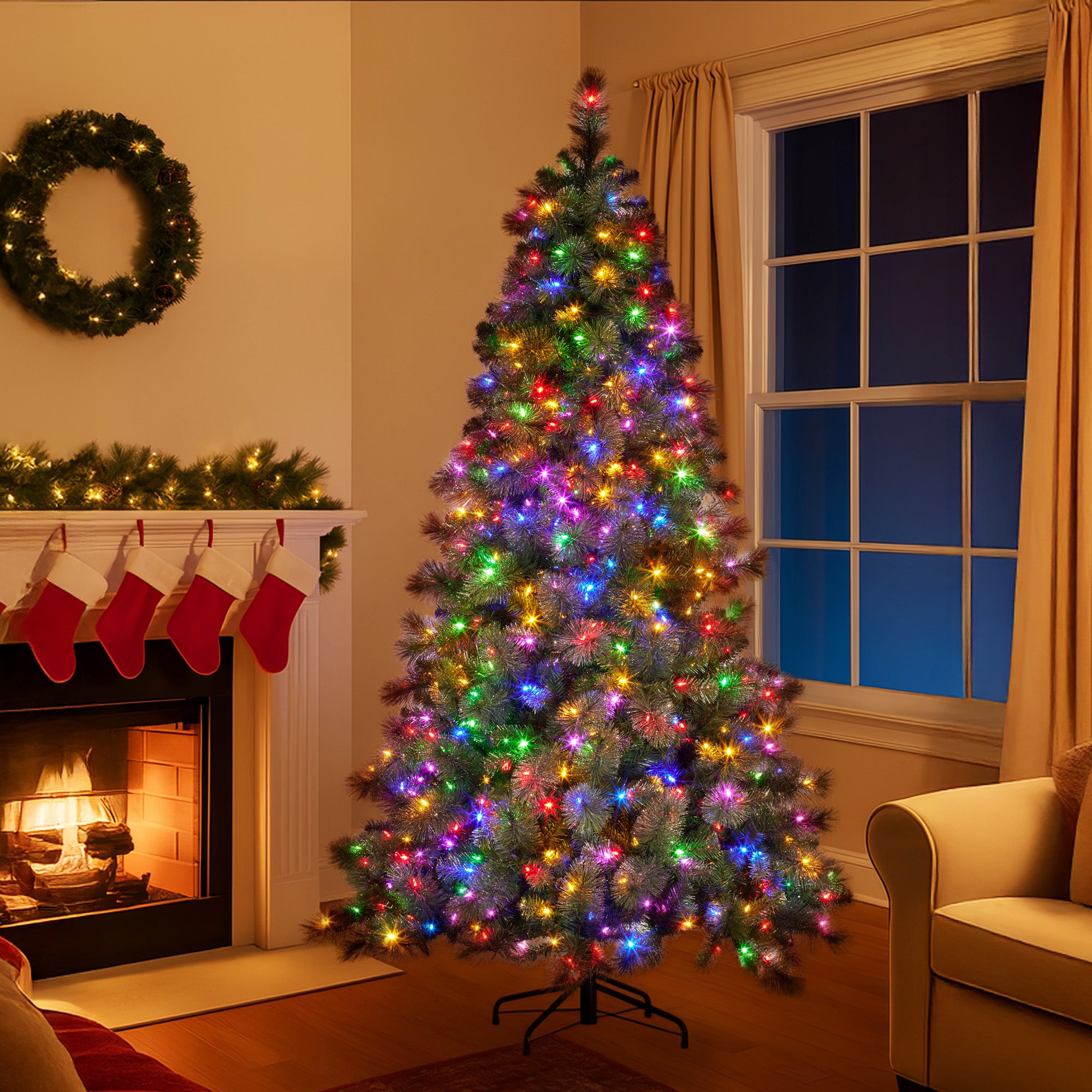 Christmas Trees: Christabelle 7.5ft Christmas Tree Glittery Gold Pine Led Multi-functional Lights