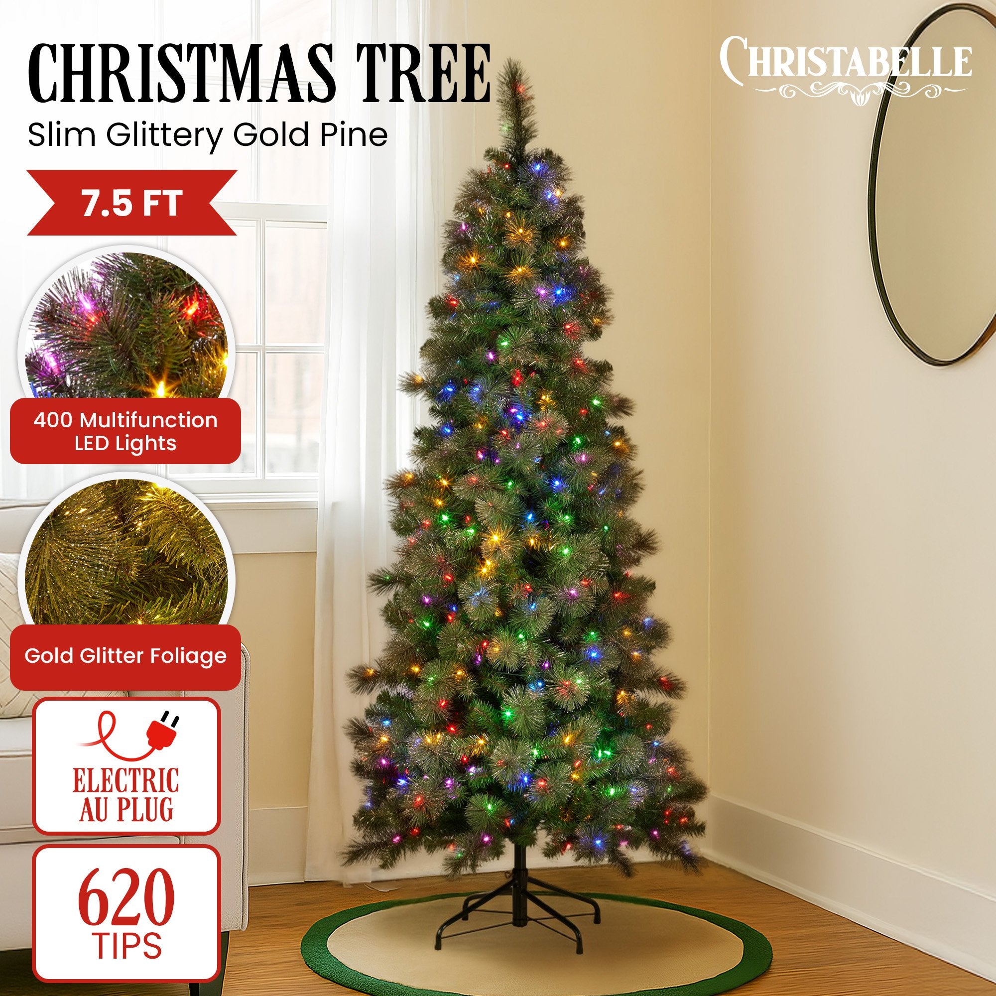 Christmas Trees: Christabelle 7.5ft Christmas Tree Slim Glittery Gold Pine Led Lights Xmas Decor