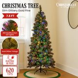 Christmas Trees: Christabelle 7.5ft Christmas Tree Slim Glittery Gold Pine Led Lights Xmas Decor