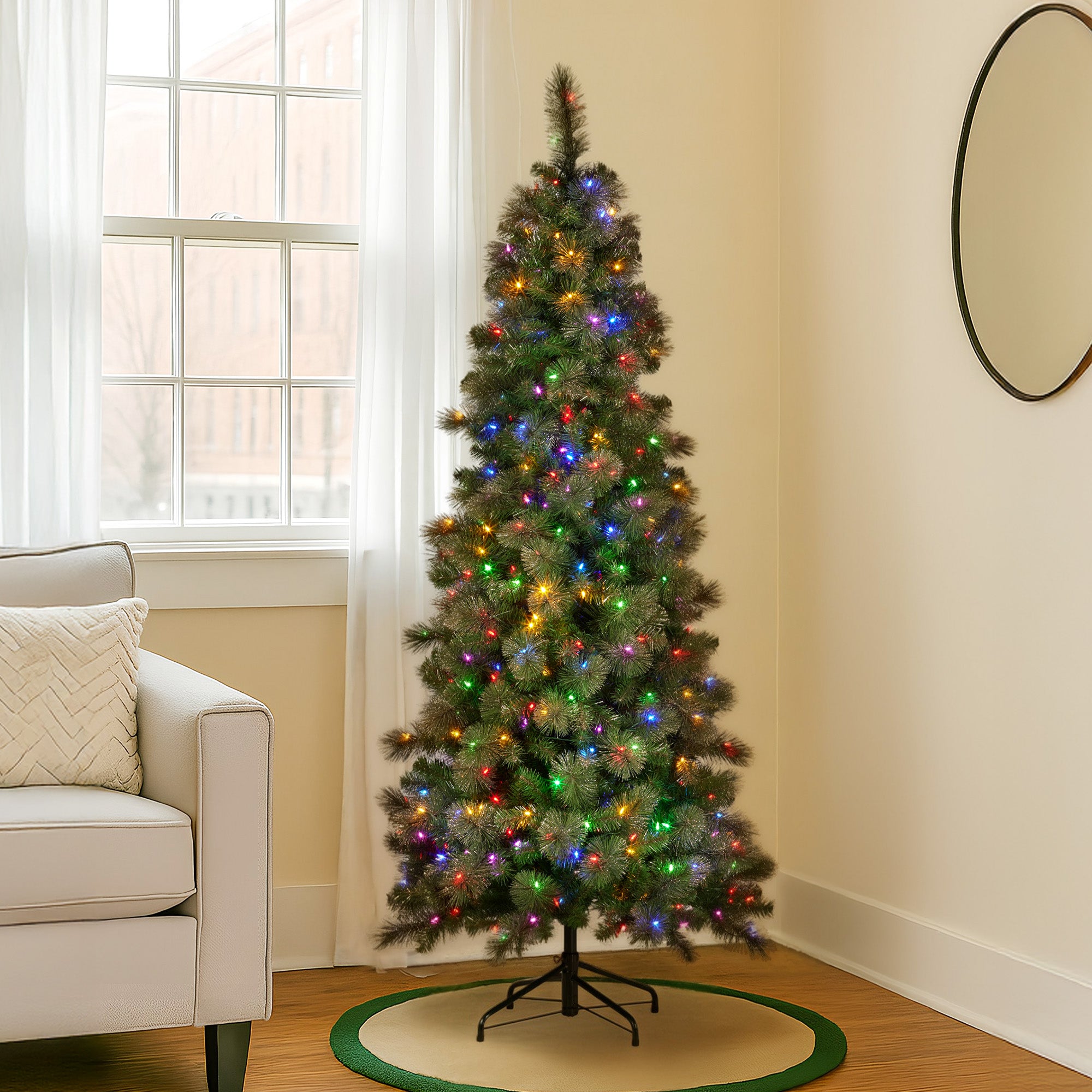 Christmas Trees: Christabelle 7.5ft Christmas Tree Slim Glittery Gold Pine Led Lights Xmas Decor