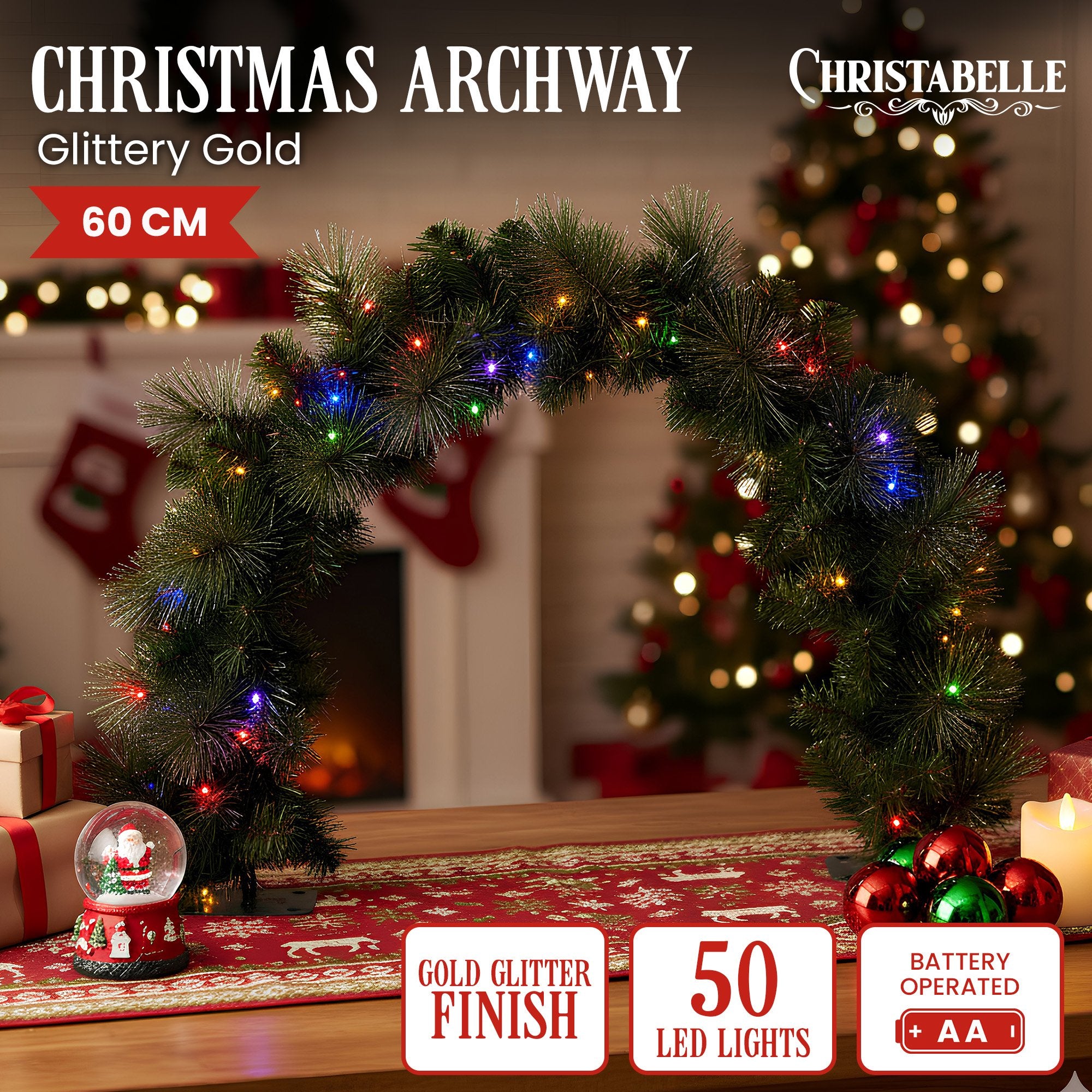 Christmas Wreaths & Garlands: Christabelle 60cm Tabletop Christmas Archway Garland with LED Lights Gold Mantle Decoration Ornament