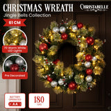 Christmas Wreaths & Garlands: Christabelle Stunning 61cm Christmas Wreath with LED Lights Baubles Berries Red Silver Front Door Decoration