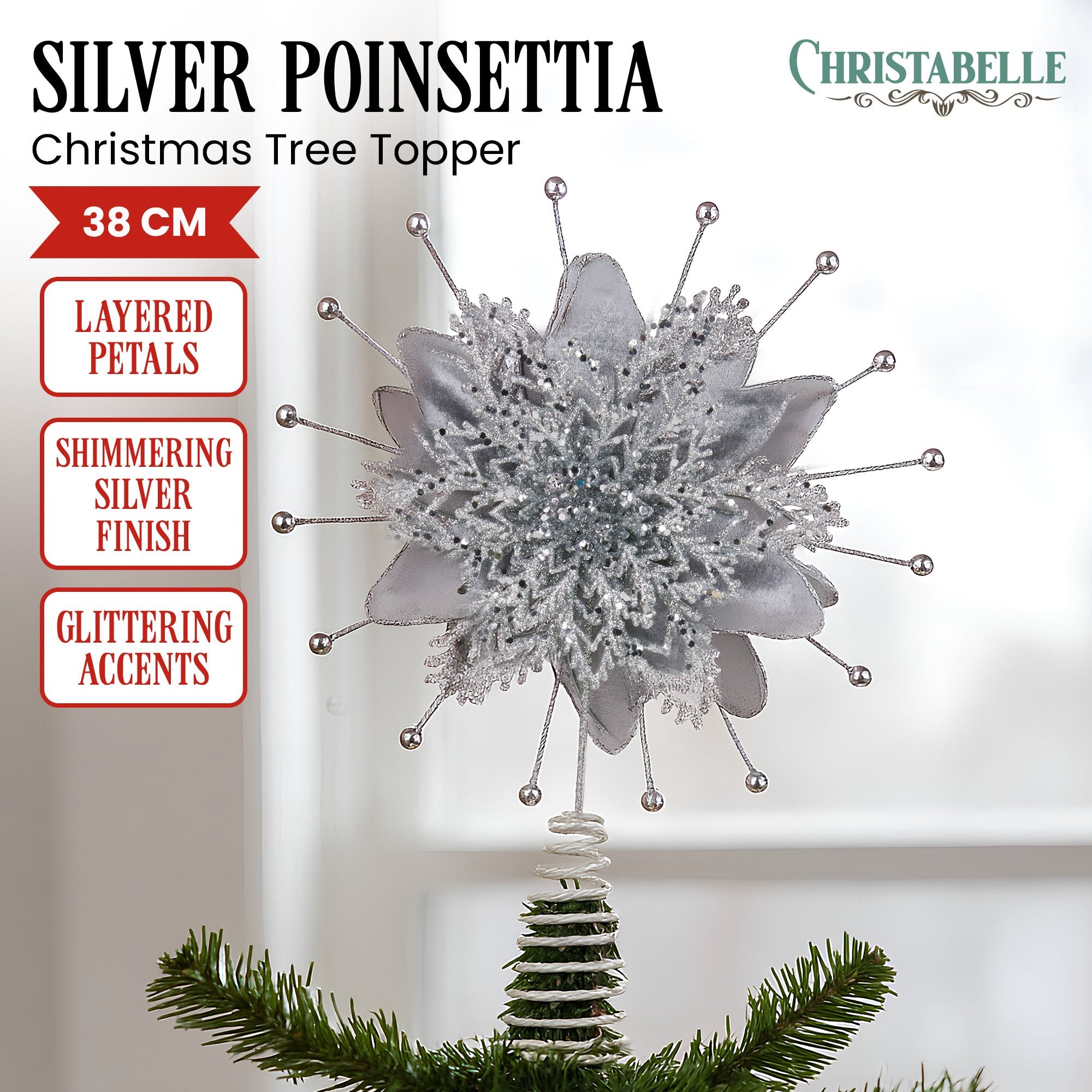 Christmas Decorations: Christabelle Christmas Tree Topper Poinsettia Decoration Ornament Silver Petals