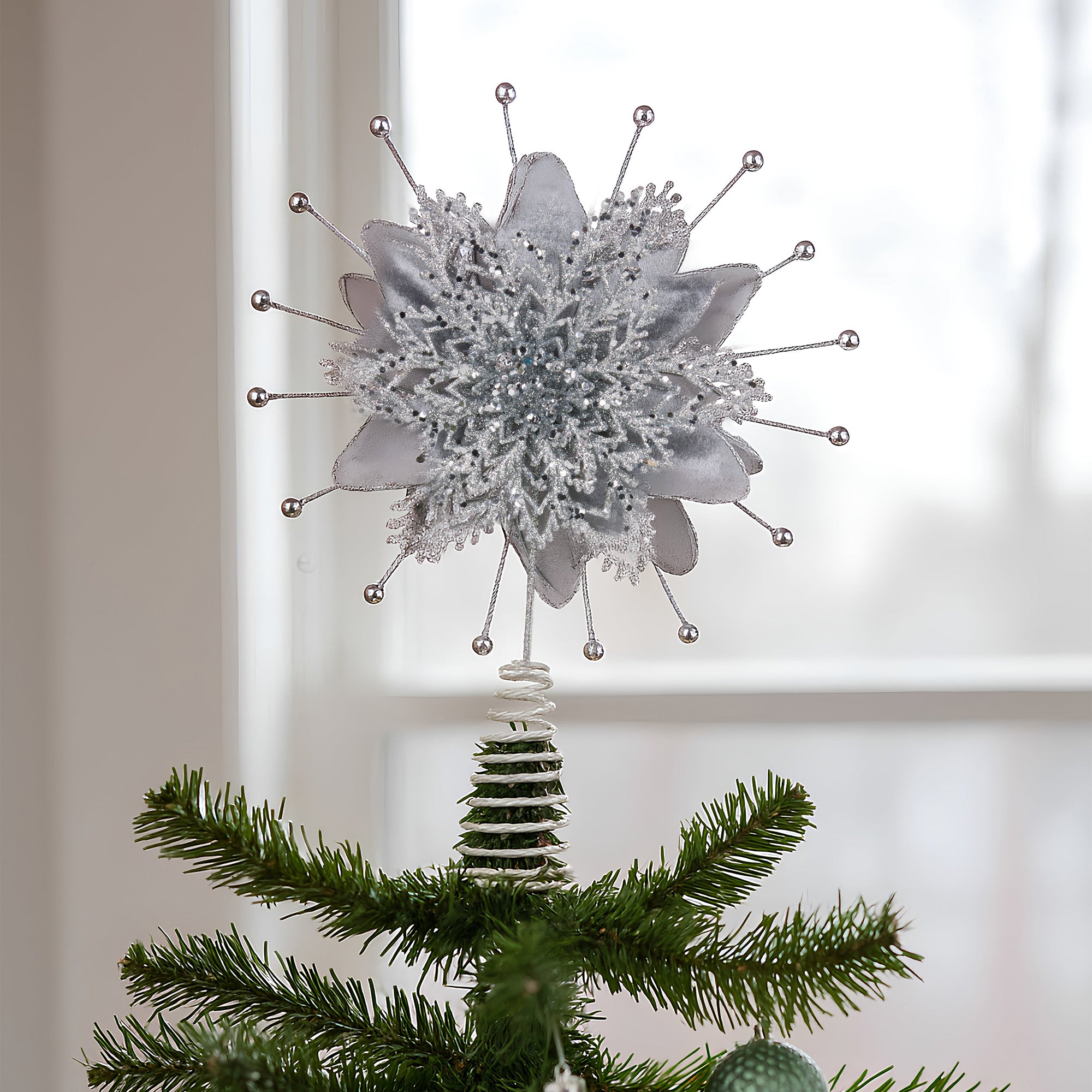 Christmas Decorations: Christabelle Christmas Tree Topper Poinsettia Decoration Ornament Silver Petals