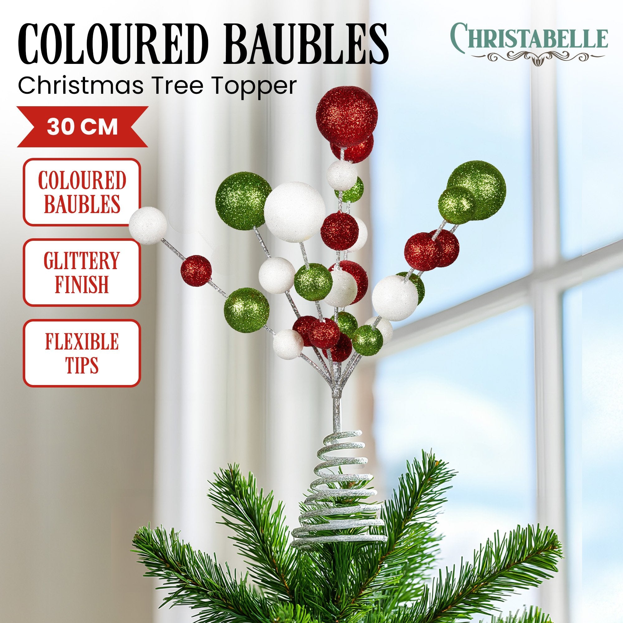 Christmas Decorations: Christabelle Baubles Christmas Tree Topper Festive Glitter Finish Xmas Ornament