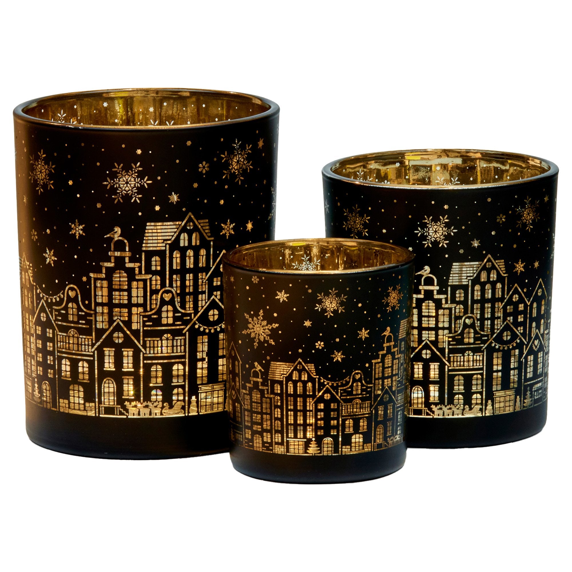 Candle Accessories: Christabelle Christmas Candle Jar Set Of 3 Black And Gold Holiday Candle Holders